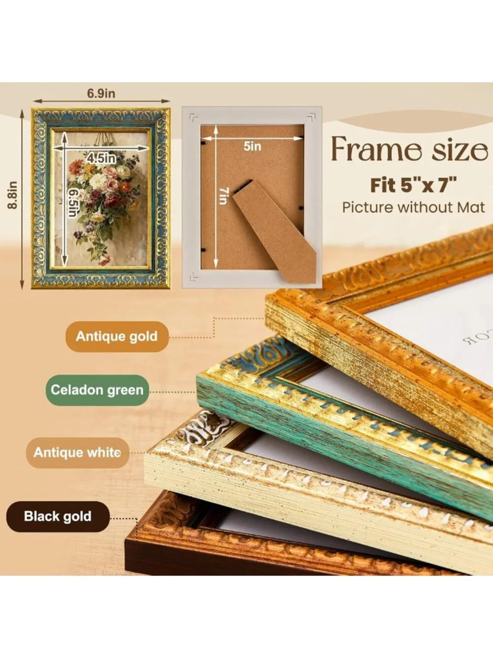 4 Pack Vintage Ornate Picture Frames 5x7 for Wall/Table - Colorful Home Decor
